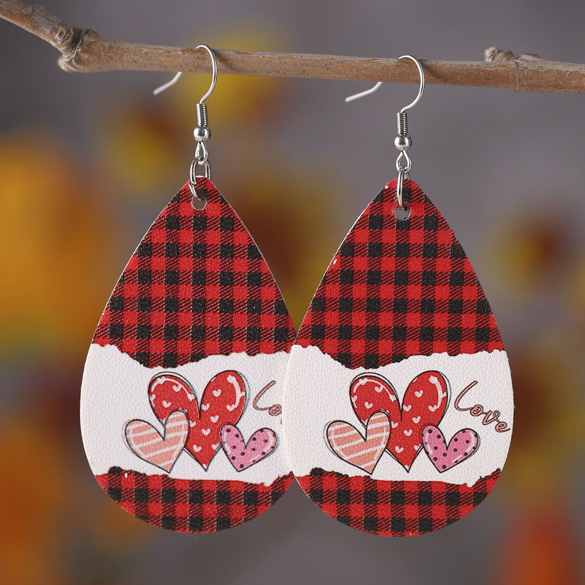 Wholesale Valentine's Day Love Leopard Heart Water Drop Pendant PU Double-sided Valentine's Day Earrings